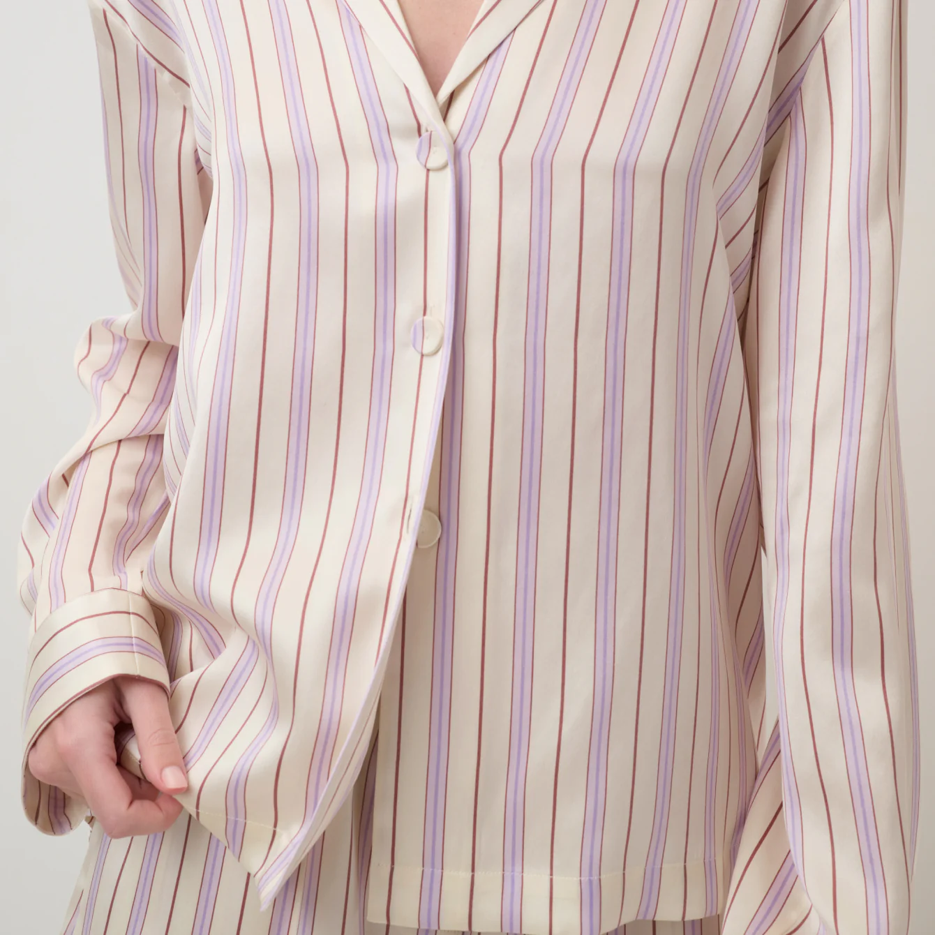 Washable Silk Button Up Long Sleeve Short Set - Image 4